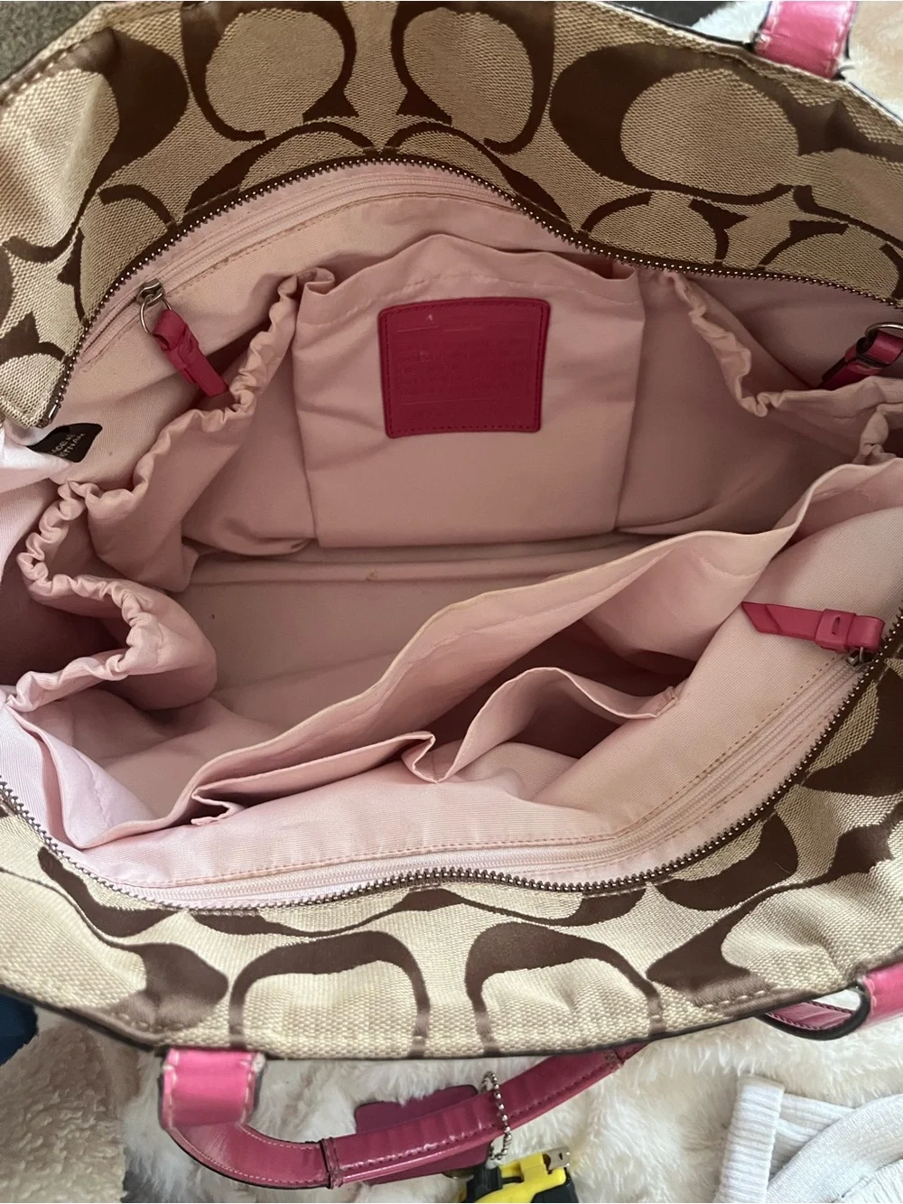 Coach Signature Stripe Baby Bag w/ Hot Pink Patient Leather Trim - EUC